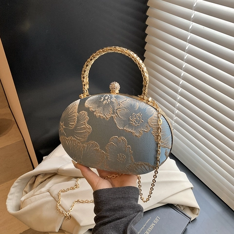 Pochette de Soirée Vintage Broderie Florale pour Femmes Sac à Main de Banquet en Cuir PU Avec Poignée en Métal Sac à Bandoulière Chaîne