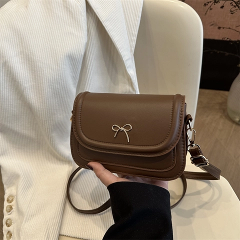 Women's Fashion Bow PU Leather Small Square Bag 2025 Spring New Urban Simple Solid Color Crossbody Shoulder Handbag