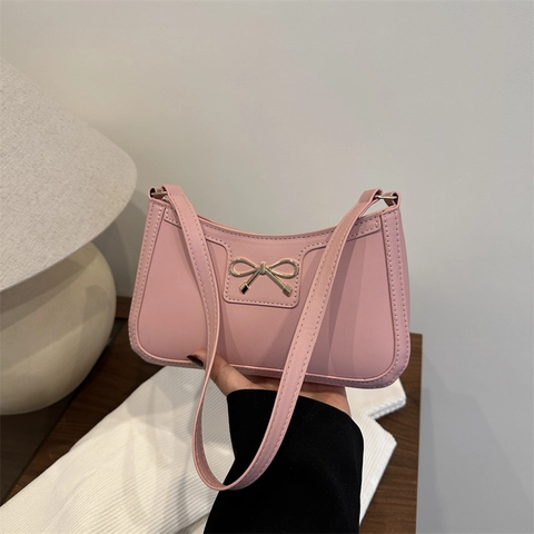 Bolso de Axila con Lazo Color Sólido para Mujer Cuero PU Moda Bolso Baguette Casual Conmutar Elegante Cartera