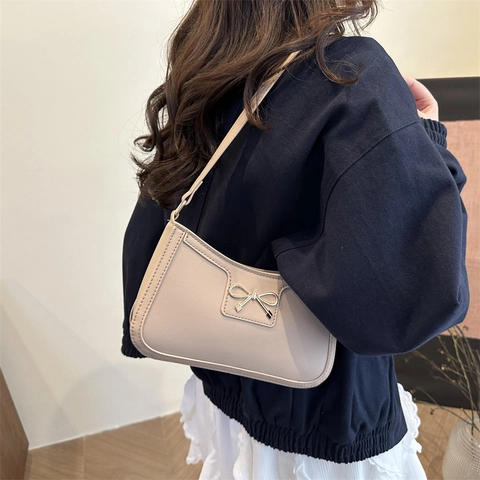 Bolso de Axila con Lazo Color Sólido para Mujer Cuero PU Moda Bolso Baguette Casual Conmutar Elegante Cartera