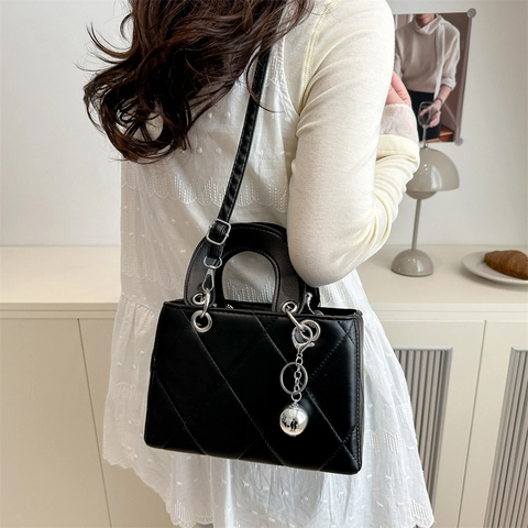 Women PU Leather Quilted Shoulder Bag Fashion Elegant Handbag With Metal Ball Pendant Minimalist Small Crossbody Square Bag