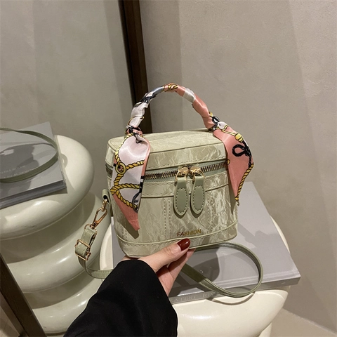Borsa a Scatola Retro Moda Donna Con Manico in Sciarpa di Seta PU Pelle Tracolla Borsa a Mano Trama Borsa Pendolare Quotidiana Donna
