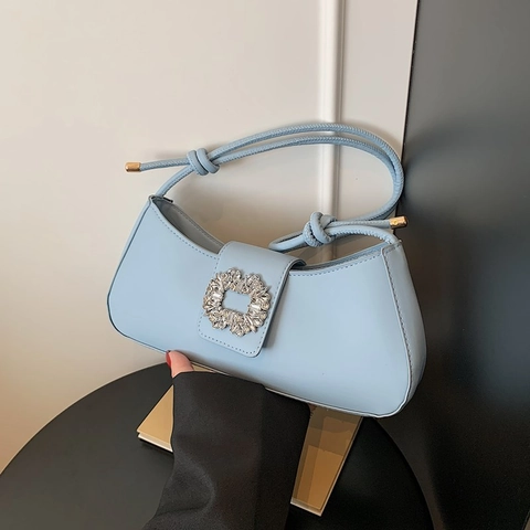 Borsa a Spalla Baguette da Donna alla Moda con Fibbia in Strass in Pelle PU Borsa Sottobraccio Elegante da Festa