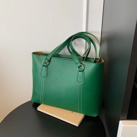 Bolso Tote de Cuero PU de Gran Capacidad Vintage Occidental para Mujer Minimalista Color Sólido Bolso de Hombro Con Costuras de Contraste