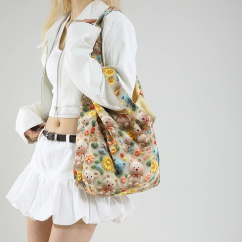 Borsa Tote con Orsetto 3D e Fiori in Stile Coreano ins Ricamo Grande Capacità Nylon Borsa a Tracolla Spesa Dolce Borsa a Mano Donna