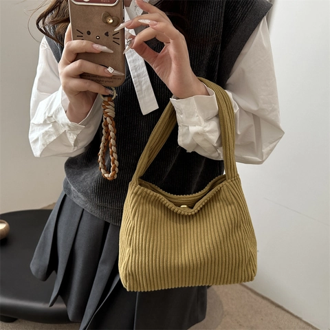 Vintage Corduroy Shoulder Bag For Women Solid Color Large Capacity Underarm Bag Casual Commuter Handbag Soft Fabric Tote