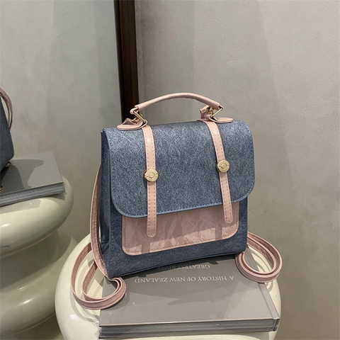 Damen Farbblock Mini Rucksack Mode PU Leder Denim Textur Klappdeckel Schultasche Mit Perlenbogen Anhänger Freizeit Pendeln Rucksack