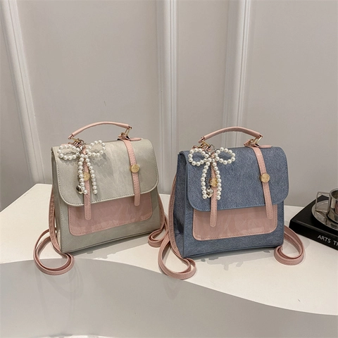 Mochila Mini de Estilo Coreano con Bloques de Color para Mujer Lazo de Perlas Cuero PU Mochila Pequeña Moda Bolso Diario