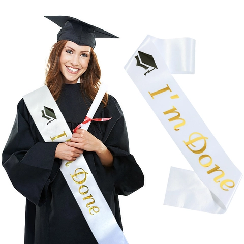 Fascia in Raso per Laurea Stampa a Caldo Oro I'm Done Lettere Fascia per Cerimonia di Laurea Accessori per Feste Bianco