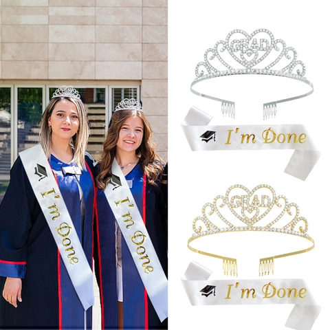 Accesorios para Fiesta de Graduación Banda de Satén I'm Done y Corona de Tiara de Aleación con Diamantes GRAD para Mujer