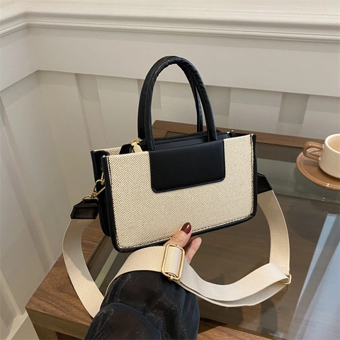 Contrast Color Canvas PU Leather Handbag For Women Stylish Urban Square Bag Casual Shoulder Crossbody Bag With Wide Strap