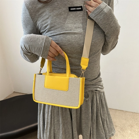 Contrast Color Canvas PU Leather Handbag For Women Stylish Urban Square Bag Casual Shoulder Crossbody Bag With Wide Strap