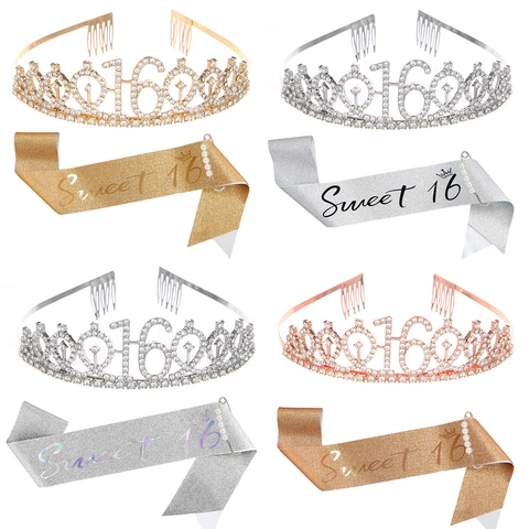 Ensemble De Décorations Pour 16e Anniversaire Pour Filles Femmes Couronne Diadème En Alliage De Strass Et Écharpe Pailletée