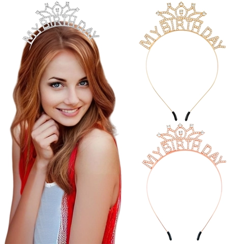 My Birthday Cerchietto Corona con Strass per Donna Lega di Zinco Cristallo Compleanno Festa Tiara Accessori per Capelli Oro Argento Oro Rosa