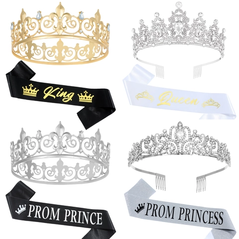 Prom King Queen Crown and Sash Set Zinc Alloy Rhinestone Tiara With Birthday King Sash For Party Decoration Dance Props