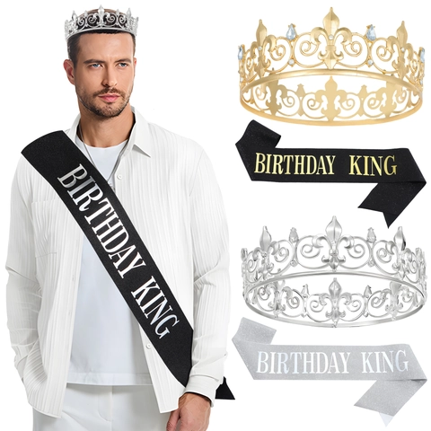 Fascia Birthday King E Corona In Lega Con Strass Per Uomo Vintage Oro Argento Decorazioni Per Compleanno Copricapo Festa