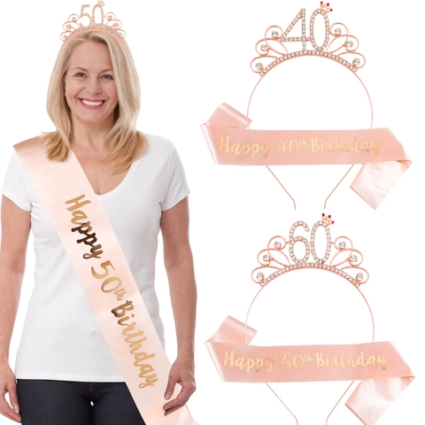 Tiara e Fascia Birthday Queen Oro Rosa Happy 40th 50th 60th 70th 80th Birthday Corona di Strass per Donna Accessori Decorazioni Festa