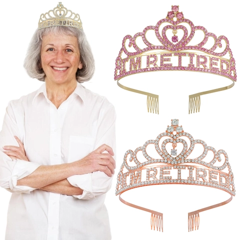 Tiara de Corona de Aleación de Zinc con Diamantes de Imitación I'M RETIRED Letra para Mujer Forma de Corazón Fiesta de Jubilación