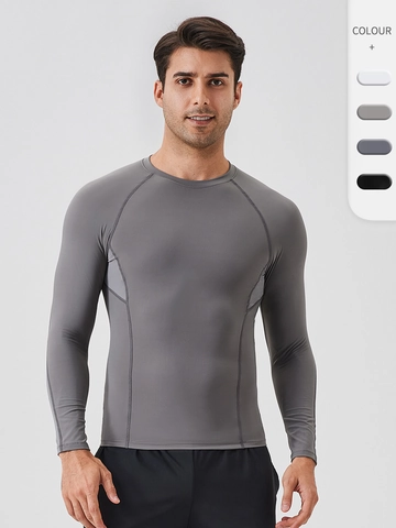 Heren Compressie Lange Mouw Hardloop T-Shirt Sneldrogend Ademend Nylon Elastaan Atletische Sportschool Training Strakke Sport Top