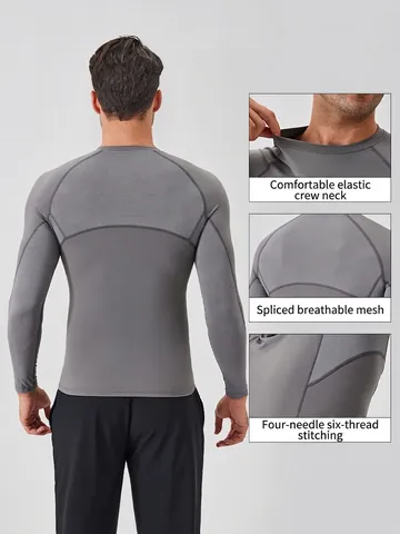 Heren Compressie Lange Mouw Hardloop T-Shirt Sneldrogend Ademend Nylon Elastaan Atletische Sportschool Training Strakke Sport Top