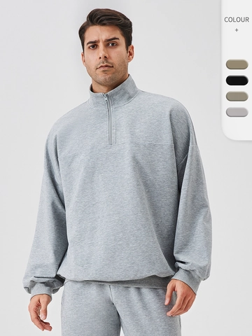 Herren Sport-Hoodie-Set Mit Halbreißverschluss Stehkragen Langarm Baumwollmischung Sweatshirt Atmungsaktiv Lauf- Und Fitnessanzug