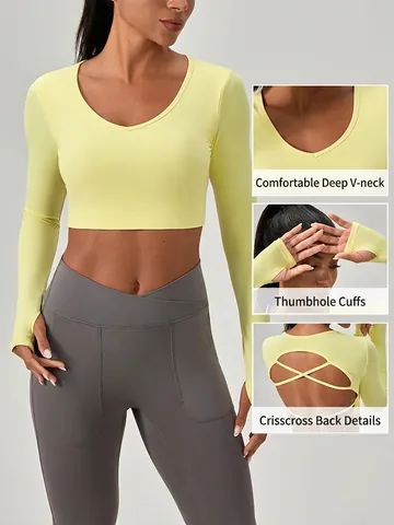 Dames Rugloos Yoga Sporttop Nauwsluitend Lange Mouw Duimgat Hardloop Fitness Shirt Gekruiste Rug Gym Top Met Borstpads