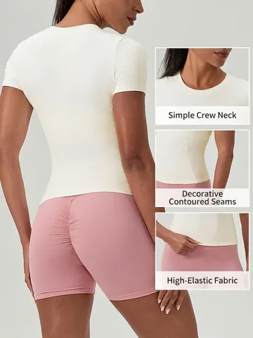 Damen Slim Fit Kurzarm Yoga T-Shirt Atmungsaktiv Schnelltrocknend Sport Top Einfarbig Nylon Elasthan Fitness Tee Gym Mode