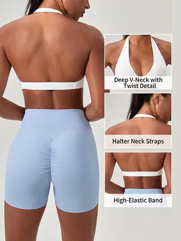 Sujetador Deportivo de Mujer con Cuello Halter y Nudo Cruzado sin Aros Sexy Escote en V Profundo Yoga Fitness Top Acolchado
