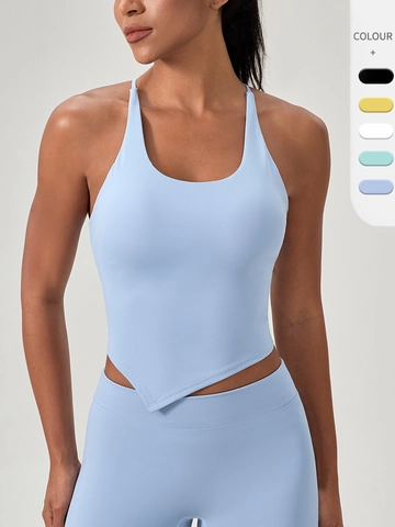 Women High Stretch Yoga Sports Tank Top With Removable Chest Pads Naked Feel Breathable Fitness Asymmetrical V Pointed Hem Top