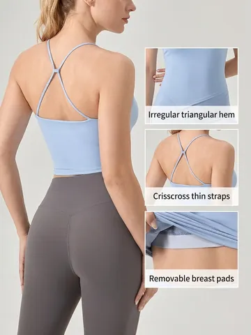 Women High Stretch Yoga Sports Tank Top With Removable Chest Pads Naked Feel Breathable Fitness Asymmetrical V Pointed Hem Top