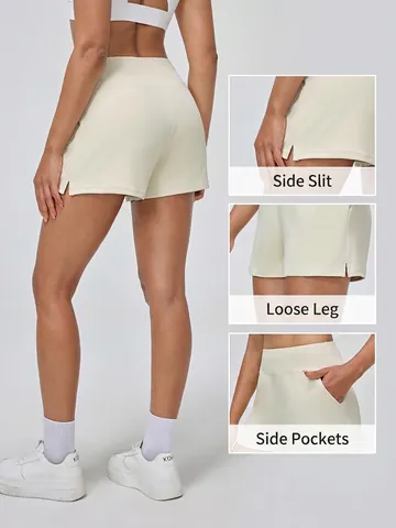 Damen High Waist Yoga Shorts Lockerer Schnitt Schnelltrocknend Sportshorts Mit Seitenschlitz Taschen Für Laufen Fitness