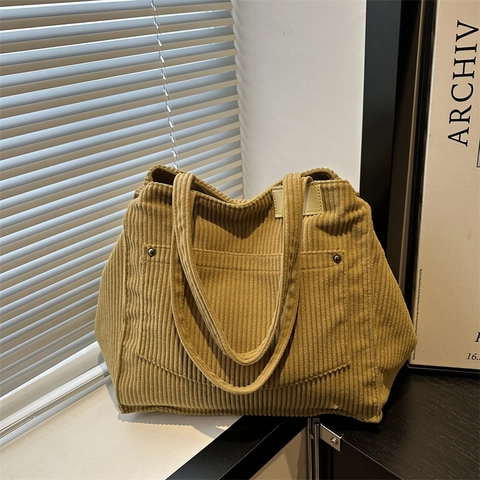 Large Capacity Corduroy Tote Bag For Women Vintage Minimalist Solid Color Casual Shoulder Bag Student School Handbag