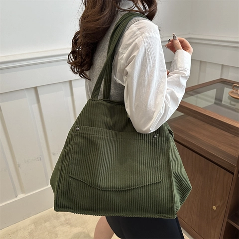 Large Capacity Corduroy Tote Bag For Women Vintage Minimalist Solid Color Casual Shoulder Bag Student School Handbag