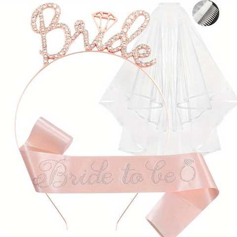 Bachelorette Party Bride To Be Set Banda de Satén Aleación Strass Diadema Velo Blanco Boda Decoraciones de Fiesta de Novia Accesorio