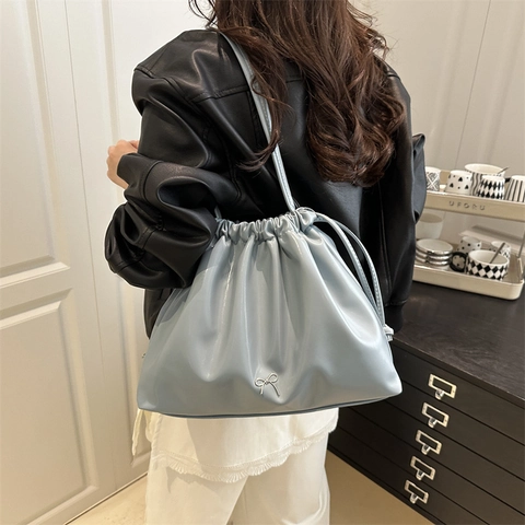 Fashion Women Large Capacity Ruched Drawstring Shoulder Bag Vintage Solid Color PU Leather Bow Decor Tote Underarm Bag