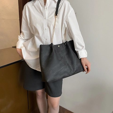 Damen Mode Weich PU Leder Tote Bag Große Kapazität Schultertasche Mit Kette Steppnaht Design Täglich Pendeln Handtasche