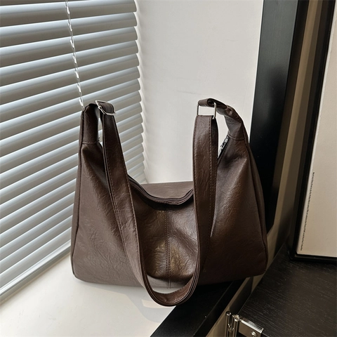 Retro Solid Color Large Capacity Shoulder Bag For Women Faux Leather Tote Hobo Bag Simple Commute Underarm Bag With Zipper