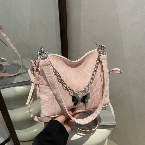 Women Minimalist PU Leather Underarm Bag With Metal Butterfly Pendant And Chain Strap Solid Color Crinkle Daily Fashion Shoulder Bag