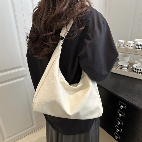Retro Solid Color Large Capacity Shoulder Bag For Women Faux Leather Tote Hobo Bag Simple Commute Underarm Bag With Zipper