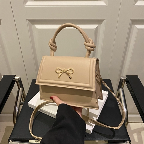 Women PU Leather Bow Shoulder Bag With Knot Handle Small Square Crossbody Handbag For Fashion Daily Use
