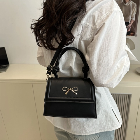 Women PU Leather Bow Shoulder Bag With Knot Handle Small Square Crossbody Handbag For Fashion Daily Use