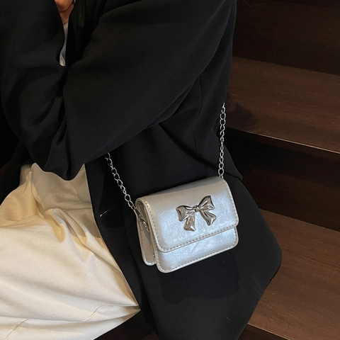 Elegante Damen Mini Quadratische Tasche Mit Schleife Urban Schlichte Nylon Kette Schultertasche Trendige Umhängetasche Alltag