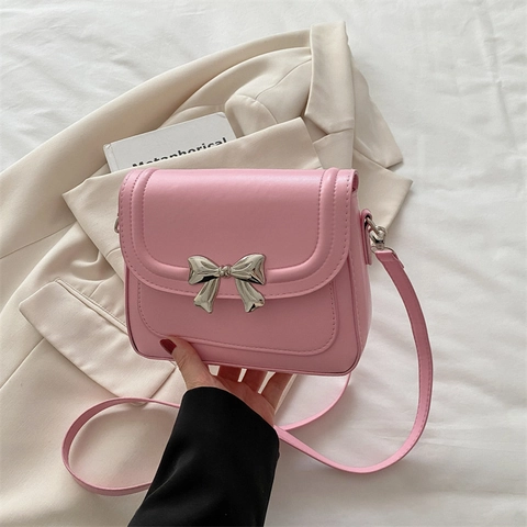 Elegante Borsa a Tracolla da Donna con Fiocco in Pelle PU Piccola Borsa Quadrata Colore Solido Moda Tracolla Regolabile