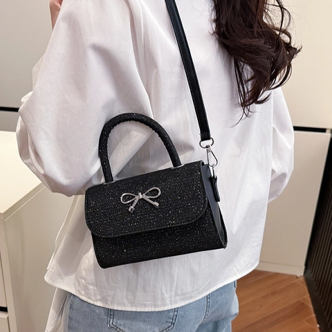 Moda Donna Glitter Paillettes Borsa a Tracolla Con Fiocco in Metallo Chic Pelle PU Borsa Quadrata Piccola per Festa