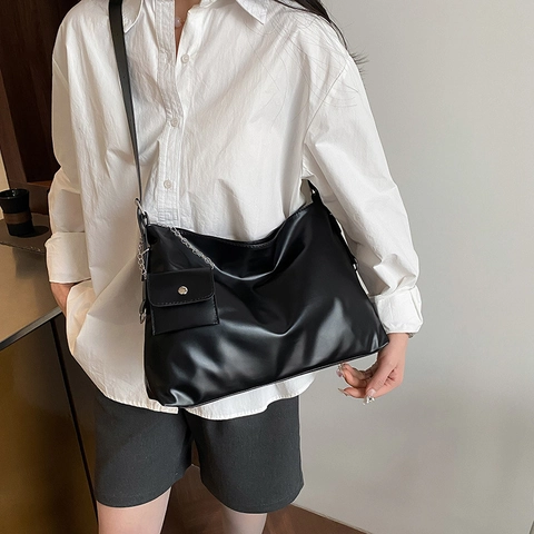Minimalist Large Capacity PU Leather Tote Bag For Women Solid Color Retro Hobo Shoulder Crossbody Bag With Coin Purse