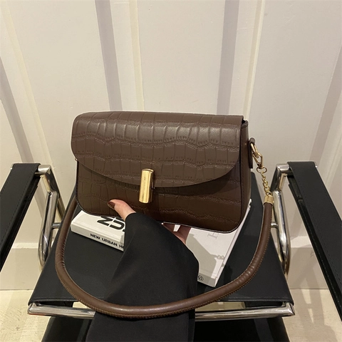 Bolso de Axila de Cuero PU con Patrón de Cocodrilo para Mujer Bolso de Hombro de Color Sólido con Hebilla de Metal Dorado