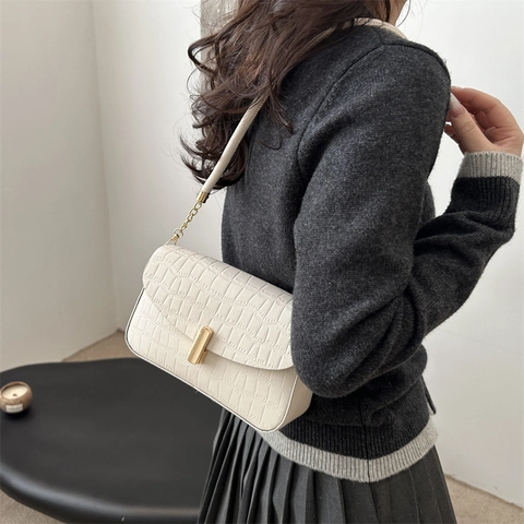 Bolso de Axila de Cuero PU con Patrón de Cocodrilo para Mujer Bolso de Hombro de Color Sólido con Hebilla de Metal Dorado