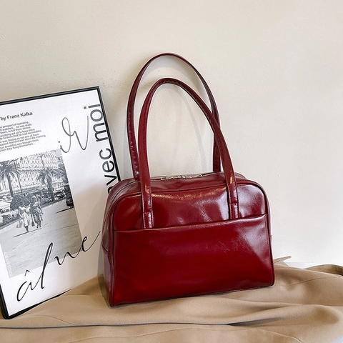 Borsa a Spalla in Pelle PU Lucida Retrò per Donna Grande Capacità Semplice Borsa Tote Sottobraccio Moda Pendolare Handbag Cerniera