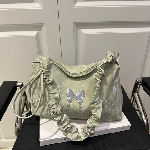 Women Fashion PU Leather Pleated Shoulder Bag With Metal Butterfly Ornament Casual Underarm Crossbody Bag For Daily Use