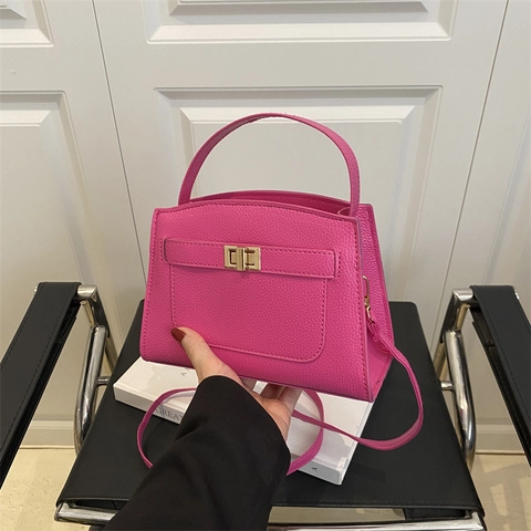 Bolso de Hombro para Mujer de Cuero de PU a la Moda Estilo Kelly Bolso de Mano con Cierre de Giro Dorado Color Sólido